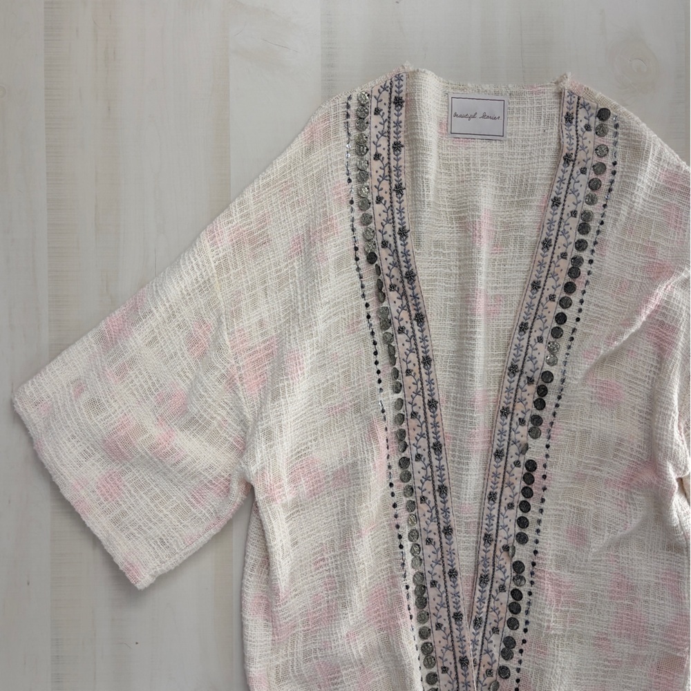 BEAUTIFUL STORIES x Anthropologie Livia textured beaded kimono cardigan OS pink - Picture 4 of 9
